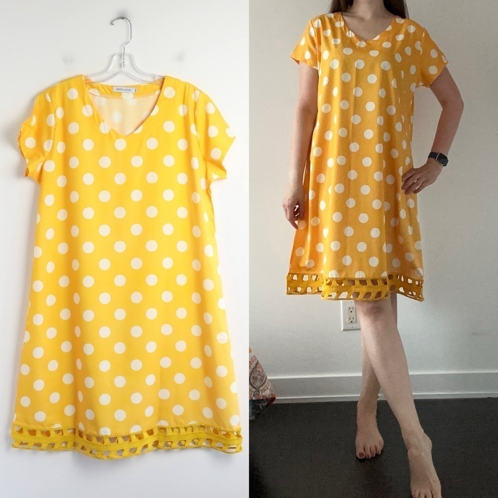 Misslook Polka Dot Yellow dress Short Sleeve V-Neck lace trim midi summer bright - Picture 2 of 8